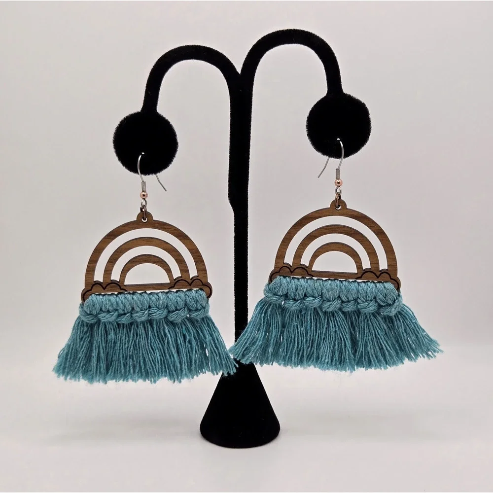 Tassel Earrings Turquoise Fringe Wood Dangle Southwestern Hippie Boho Maximalist